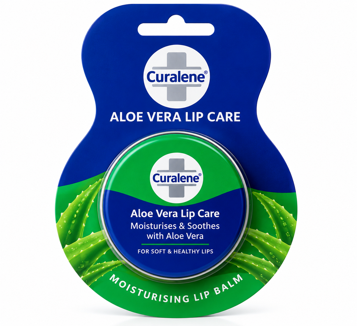 Curalene Aloe Vera Lip Care tin with blue and green packaging, metallic tin container and aloe vera leaf design, featuring moisturising lip balm for soft and healthy lips on a clean white background.