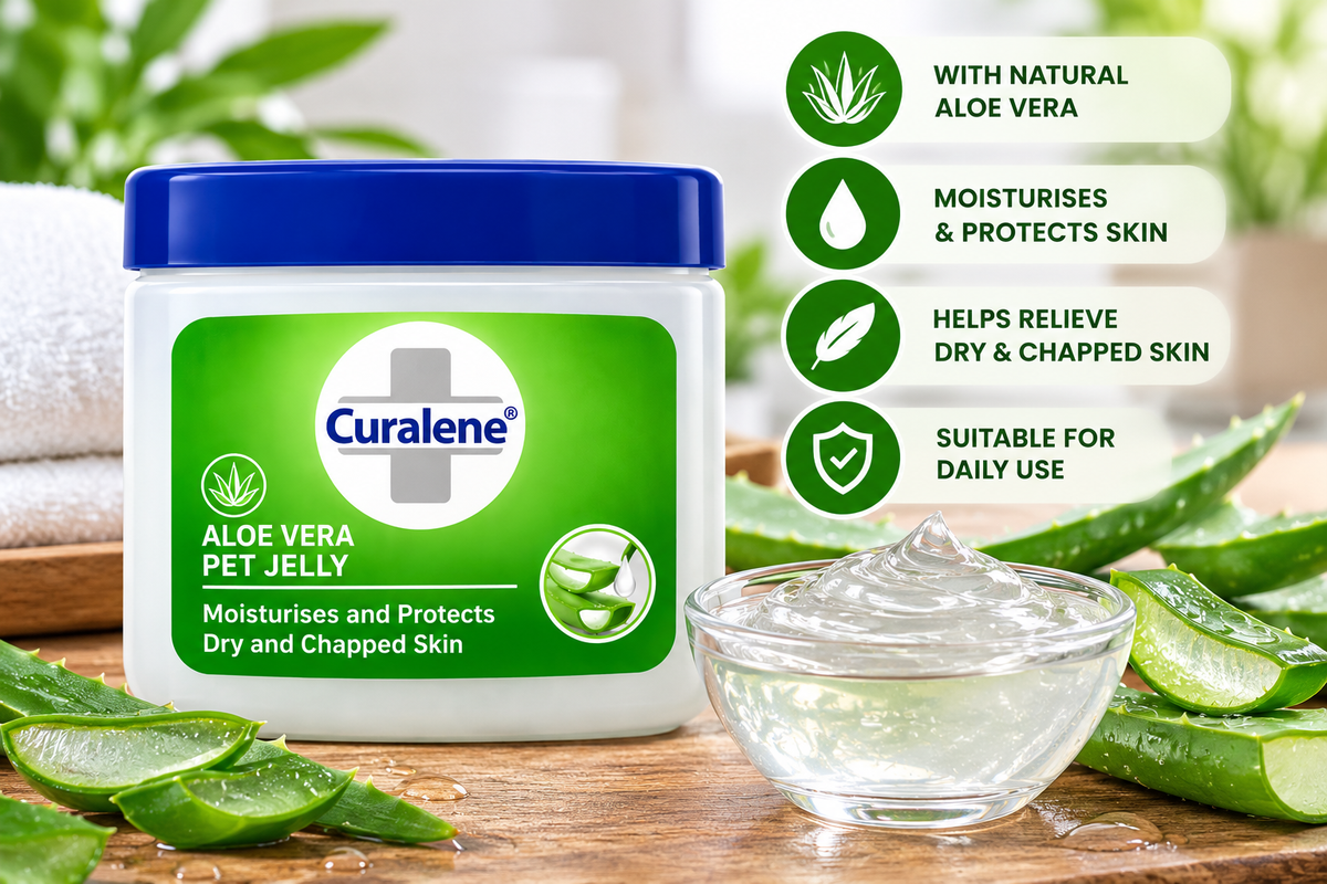 Curalene Aloe Vera Pet Jelly 225ml jar displayed with fresh aloe vera leaves and a glass bowl of clear jelly on a wooden surface, highlighting aloe vera skincare and moisturising benefits.