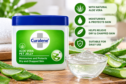 Curalene Aloe Vera Pet Jelly 225ml jar displayed with fresh aloe vera leaves and a glass bowl of clear jelly on a wooden surface, highlighting aloe vera skincare and moisturising benefits.