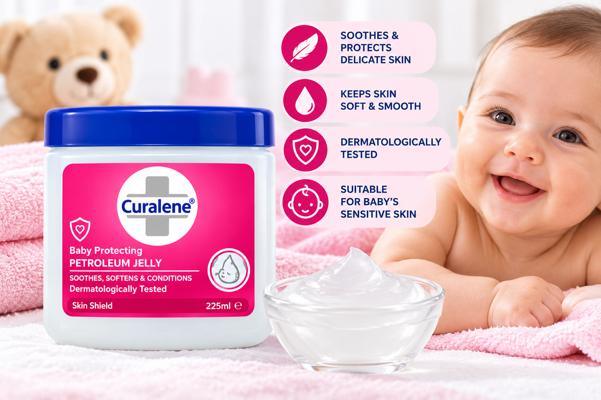 Curalene Baby Protecting Petroleum Jelly 225ml jar displayed beside a smiling baby, soft pink towels and a bowl of petroleum jelly, highlighting gentle moisturising care for delicate baby skin.
