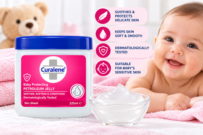 Curalene Baby Protecting Petroleum Jelly 225ml jar displayed beside a smiling baby, soft pink towels and a bowl of petroleum jelly, highlighting gentle moisturising care for delicate baby skin.