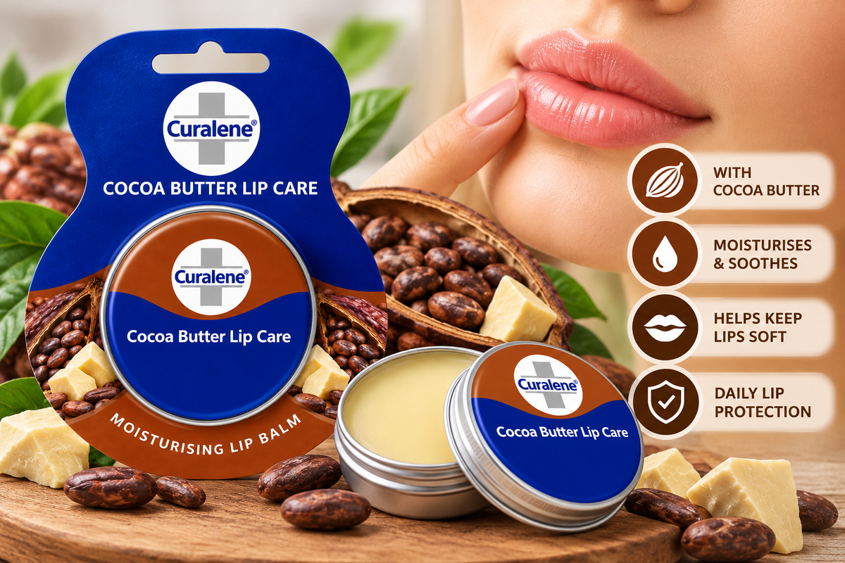 Curalene Cocoa Butter Lip Care tin and open balm container displayed with cocoa beans, cocoa butter pieces and green leaves beside a close-up of moisturised lips, highlighting cocoa butter lip care for soft, smooth lips.