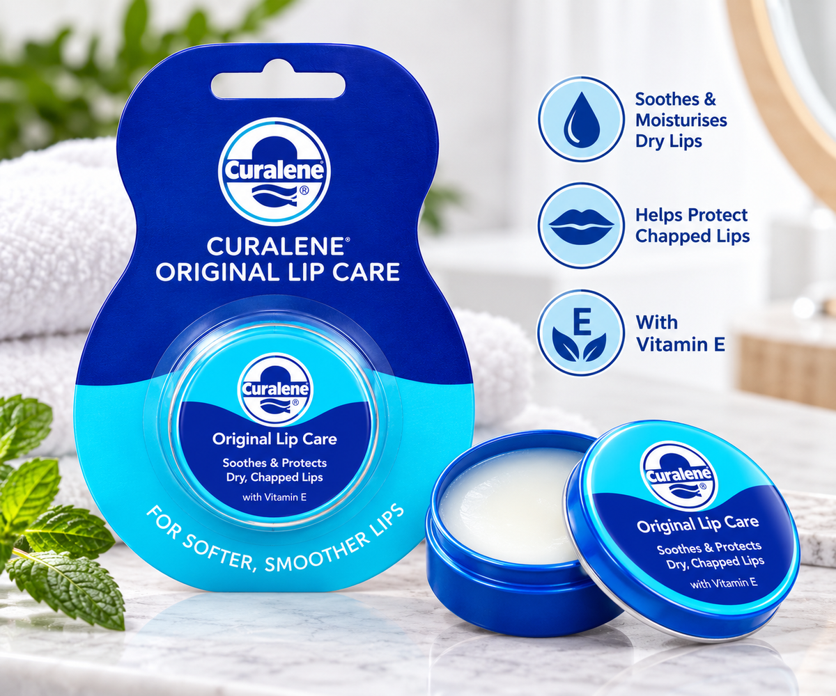 Curalene Original Lip Care Tin with moisturising balm, featuring Vitamin E and lip care benefits for dry, chapped lips.