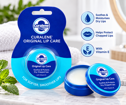 Curalene Original Lip Care Tin with moisturising balm, featuring Vitamin E and lip care benefits for dry, chapped lips.