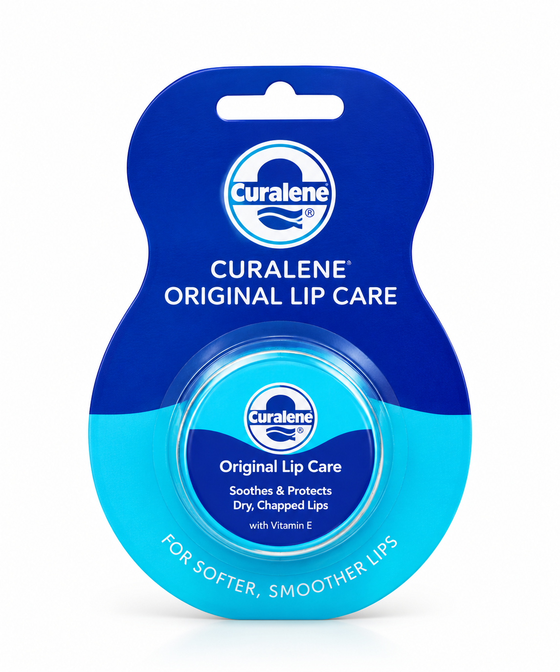 Curalene Original Lip Care Tin with blue and turquoise packaging, designed to soothe and protect dry, chapped lips.
