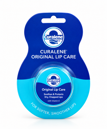Curalene Original Lip Care Tin with blue and turquoise packaging, designed to soothe and protect dry, chapped lips.