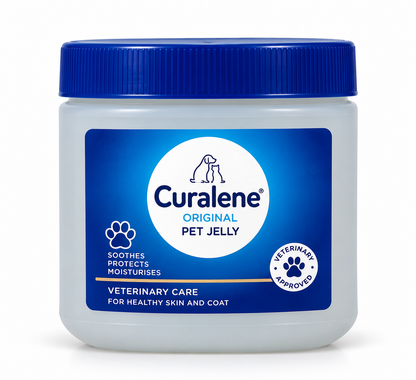 Curalene Original Pet Jelly 225ml jar with a dark blue lid, blue-and-white label and dog and cat logo, designed for pet skin and coat care, displayed on a clean white background.