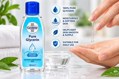 Curalene Pure Glycerin 100ml bottle displayed beside hands applying clear glycerin, with water droplets, green leaves and a fresh skincare setting, highlighting its skin-softening and moisturising benefits.