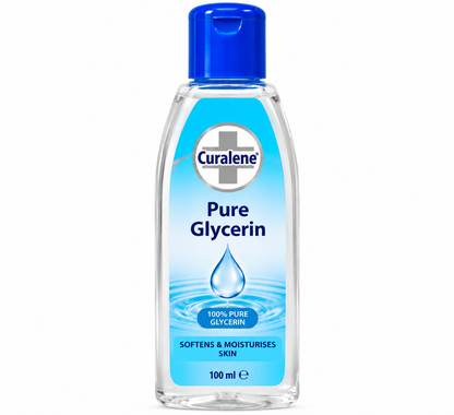 Curalene Pure Glycerin 100ml transparent bottle with a blue cap and blue-and-white label, featuring a water droplet design and pure glycerin skincare formula, displayed on a clean white background.