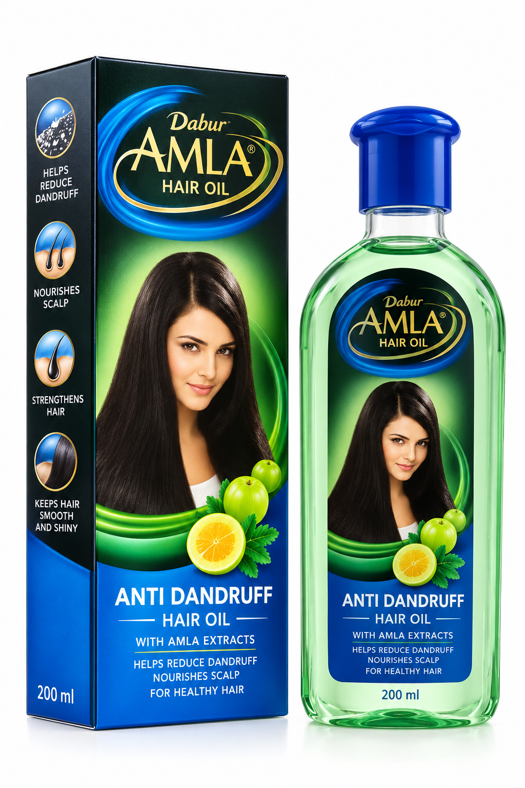 Dabur Amla Anti-Dandruff Hair Oil 200ml bottle and box with blue and green packaging, amla fruit graphics, and long hair illustration.