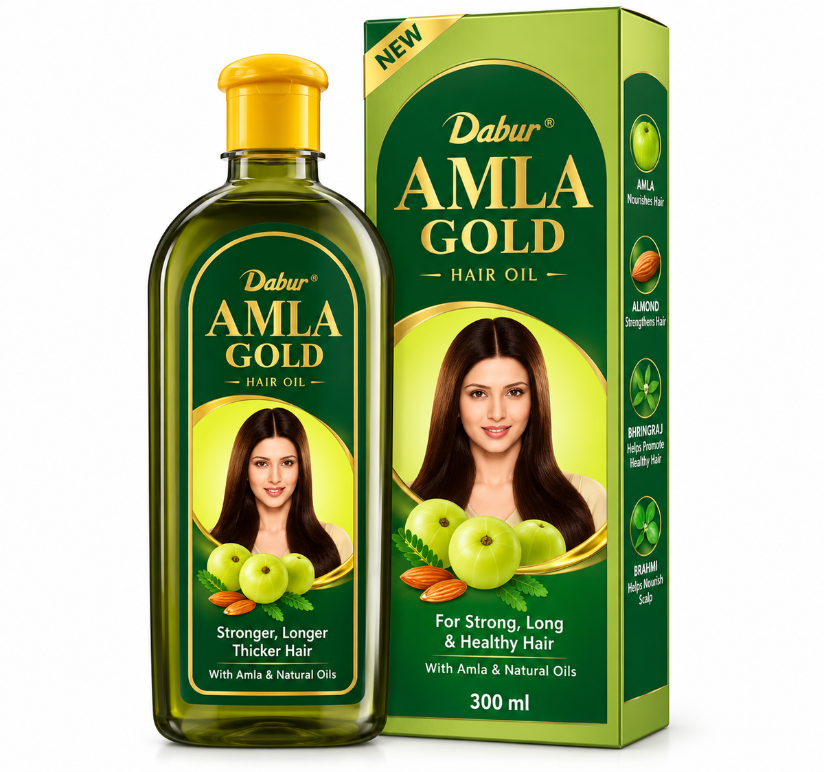 Dabur Amla Gold Hair Oil 300ml bottle featuring a glossy dark green transparent container, a bright yellow cap, the Dabur Amla Gold logo, and a matching green and gold carton decorated with green amla fruits, almonds, leafy botanical illustrations, and a woman with long, shiny hair. Displayed upright against a clean white background, highlighting amla-enriched hair oil formulated to nourish hair and help promote stronger, longer, thicker-looking hair.