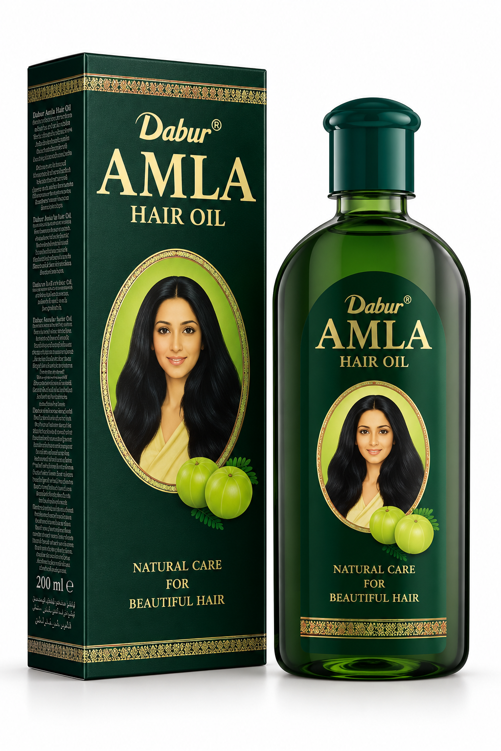 Dabur Amla Hair Oil 200ml bottle and matching dark green and gold product box featuring the Dabur Amla branding, a portrait of a woman with long black hair, and amla fruit illustrations against a clean white background.