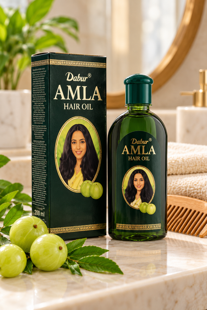 Dabur Amla Hair Oil 200ml bottle and matching product box displayed on a marble bathroom countertop beside fresh amla fruits, green leaves, and a wooden hair comb in a warm, natural setting.