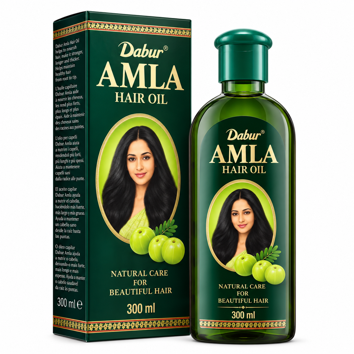 Dabur Amla Hair Oil 300ml green bottle with matching packaging featuring amla fruit extracts and a woman with long black hair, displayed on a clean white background.