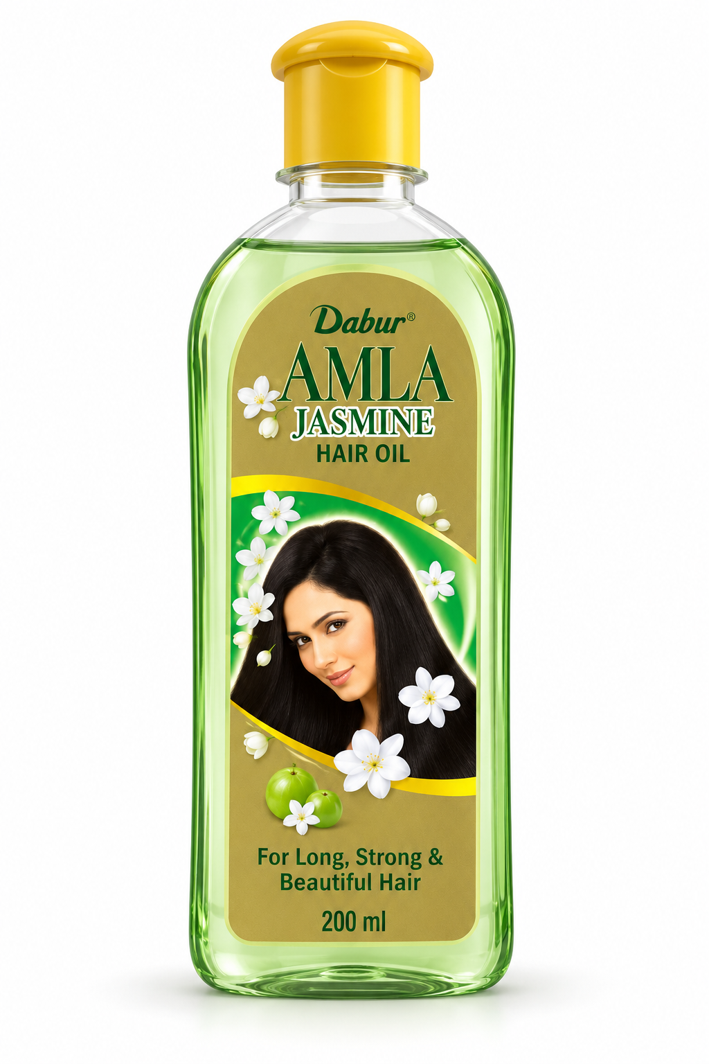 Dabur Amla Jasmine Hair Oil 200ml bottle featuring a transparent light-green bottle, yellow cap, gold and green label, jasmine flower illustrations, amla fruits, and a long-haired woman. Displayed upright against a clean white background. 