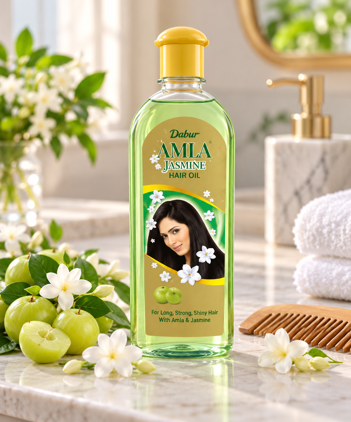 Dabur Amla Jasmine Hair Oil 200ml bottle displayed on a marble bathroom countertop beside fresh amla fruits, white jasmine flowers, green leaves, and a wooden hair comb. Soft natural lighting creates a botanical beauty setting for a  hair care product.