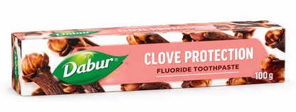 Dabur Clove Protection Fluoride Toothpaste 100g carton featuring a green Dabur logo, pink and white packaging, and brown clove illustrations across the box, displayed against a clean white background for a Shopify personal care product listing.