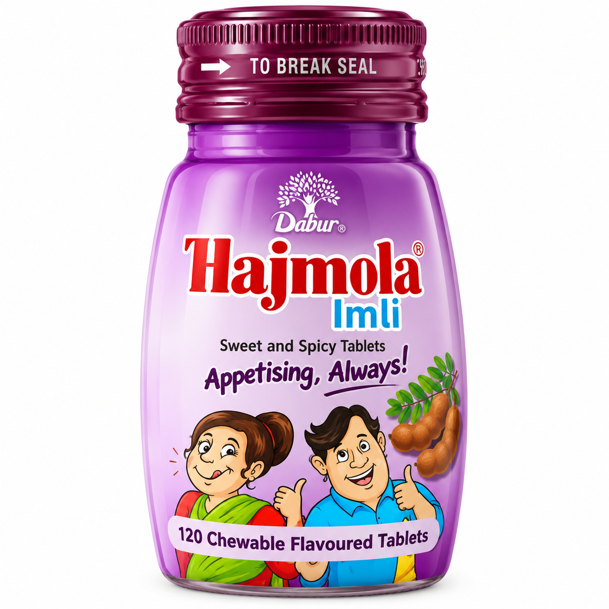 Dabur Hajmola Imli 120 chewable flavoured tablets in a purple bottle with a maroon cap and tamarind-themed packaging on a clean white background.