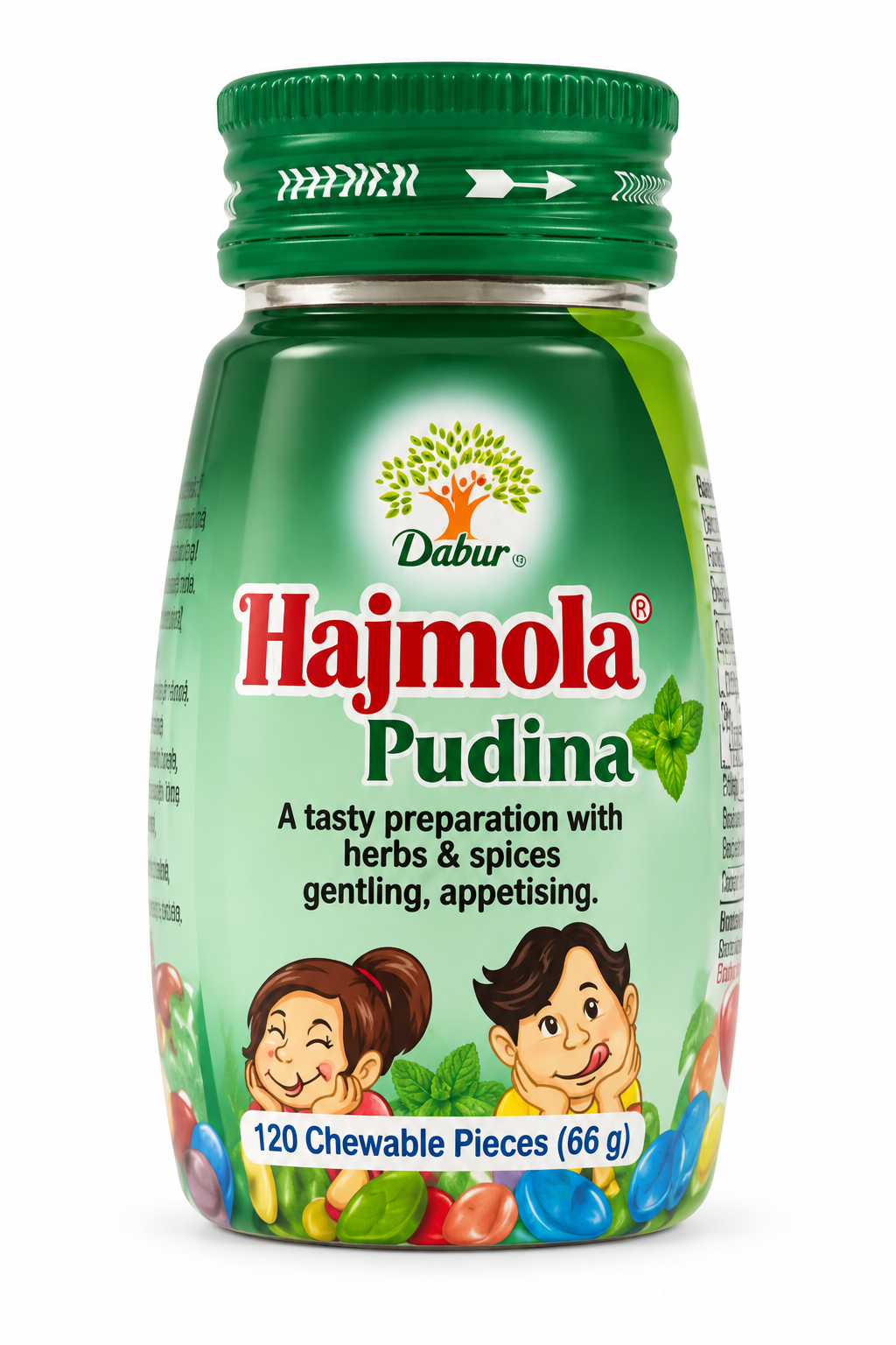 Dabur Hajmola Pudina 120 chewable digestive tablets in a green bottle with mint leaf graphics, colourful candy illustrations and red Hajmola branding.