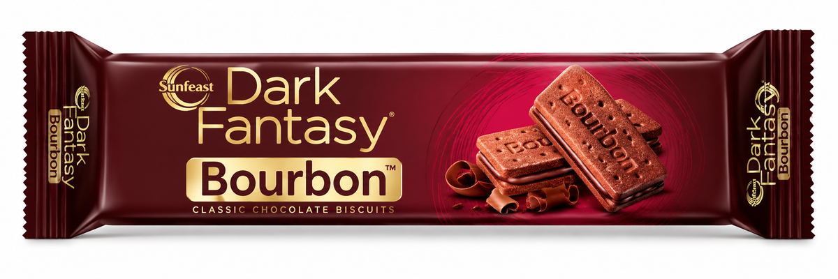 Sunfeast Dark Fantasy Bourbon Biscuits 150g pack featuring chocolate sandwich biscuits with cream filling in premium burgundy and gold packaging.