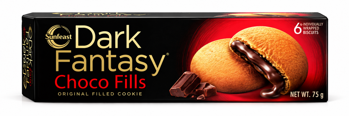 Sunfeast Dark Fantasy Choco Fills Biscuits 75g pack featuring golden cookies with rich chocolate filling in black and red packaging.