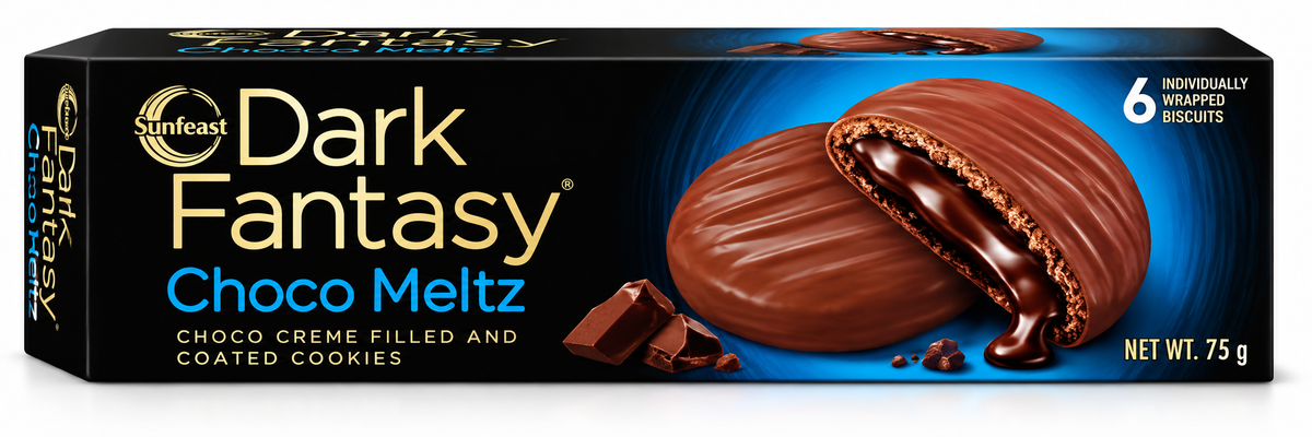 Sunfeast Dark Fantasy Choco Meltz Biscuits 75g pack featuring chocolate-coated cookies with a rich chocolate centre in black and blue packaging.