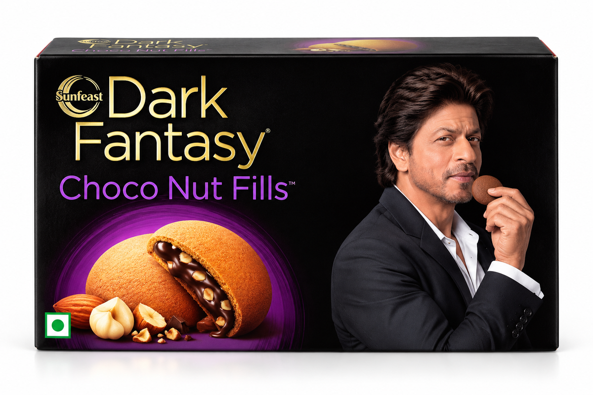 Sunfeast Dark Fantasy Choco Nut Fills 300g pack featuring chocolate-filled biscuits with crunchy nuts, almonds, and rich chocolate filling in black and purple packaging.