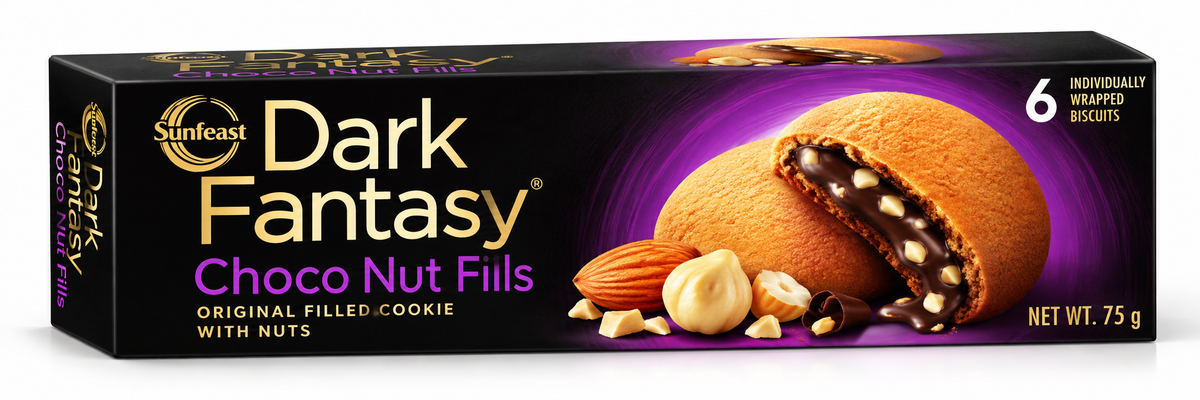 Sunfeast Dark Fantasy Choco Nut Fills Biscuits 75g pack featuring golden cookies with rich chocolate and nut filling, almonds, and hazelnuts in black and purple packaging.