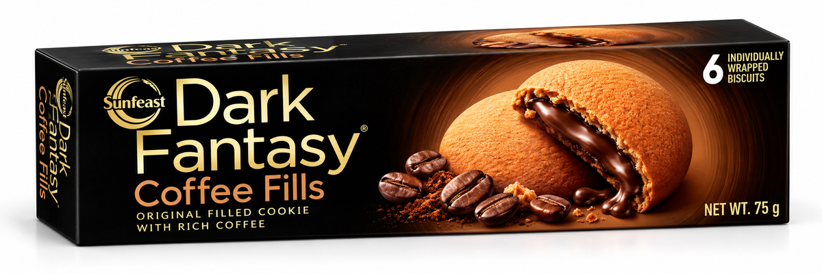 Sunfeast Dark Fantasy Coffee Fills Biscuits 75g pack featuring golden cookies with rich coffee filling, roasted coffee beans, and premium black and gold packaging.