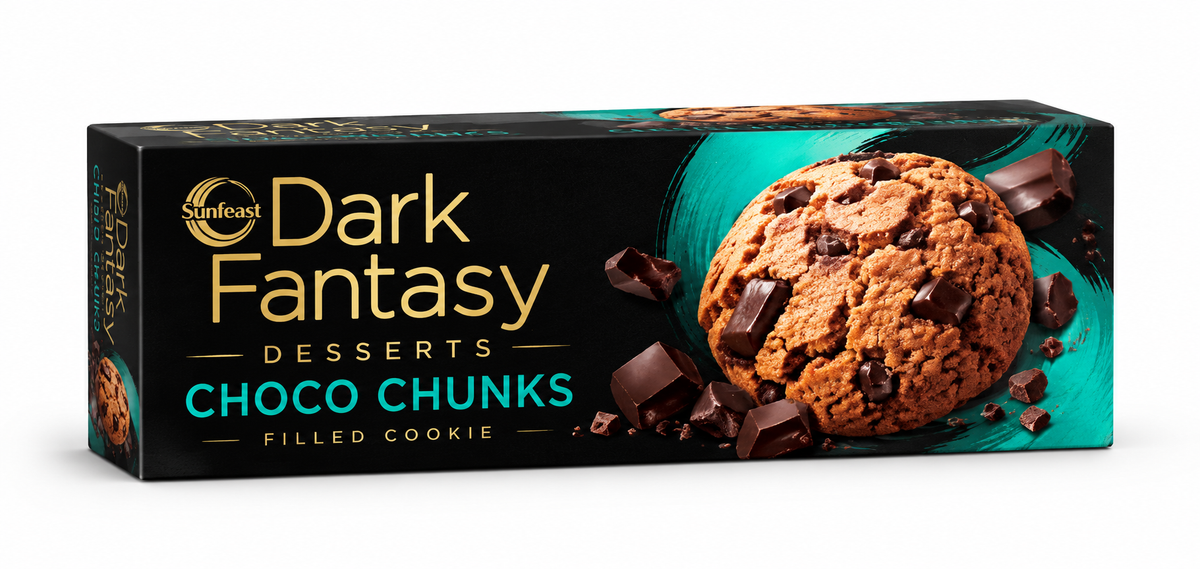 Sunfeast Dark Fantasy Desserts Choco Chunks 75g biscuit pack featuring a chocolate chunk cookie, rich chocolate pieces, black and teal packaging, and gold Dark Fantasy branding.