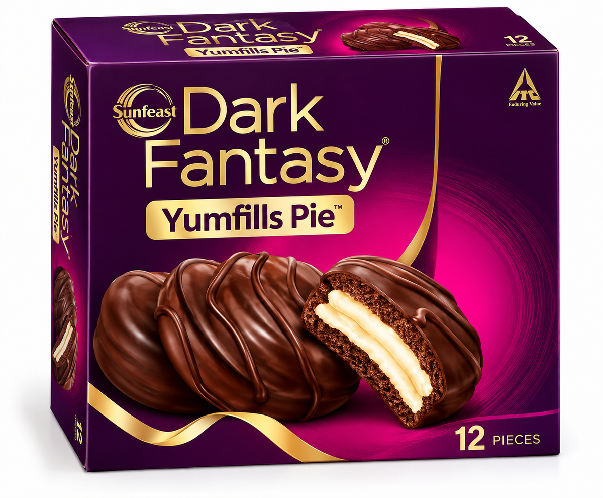 Sunfeast Dark Fantasy Yumfills Pie 264g pack featuring chocolate-coated pies with creamy vanilla filling in premium purple and magenta packaging, pack of 12.