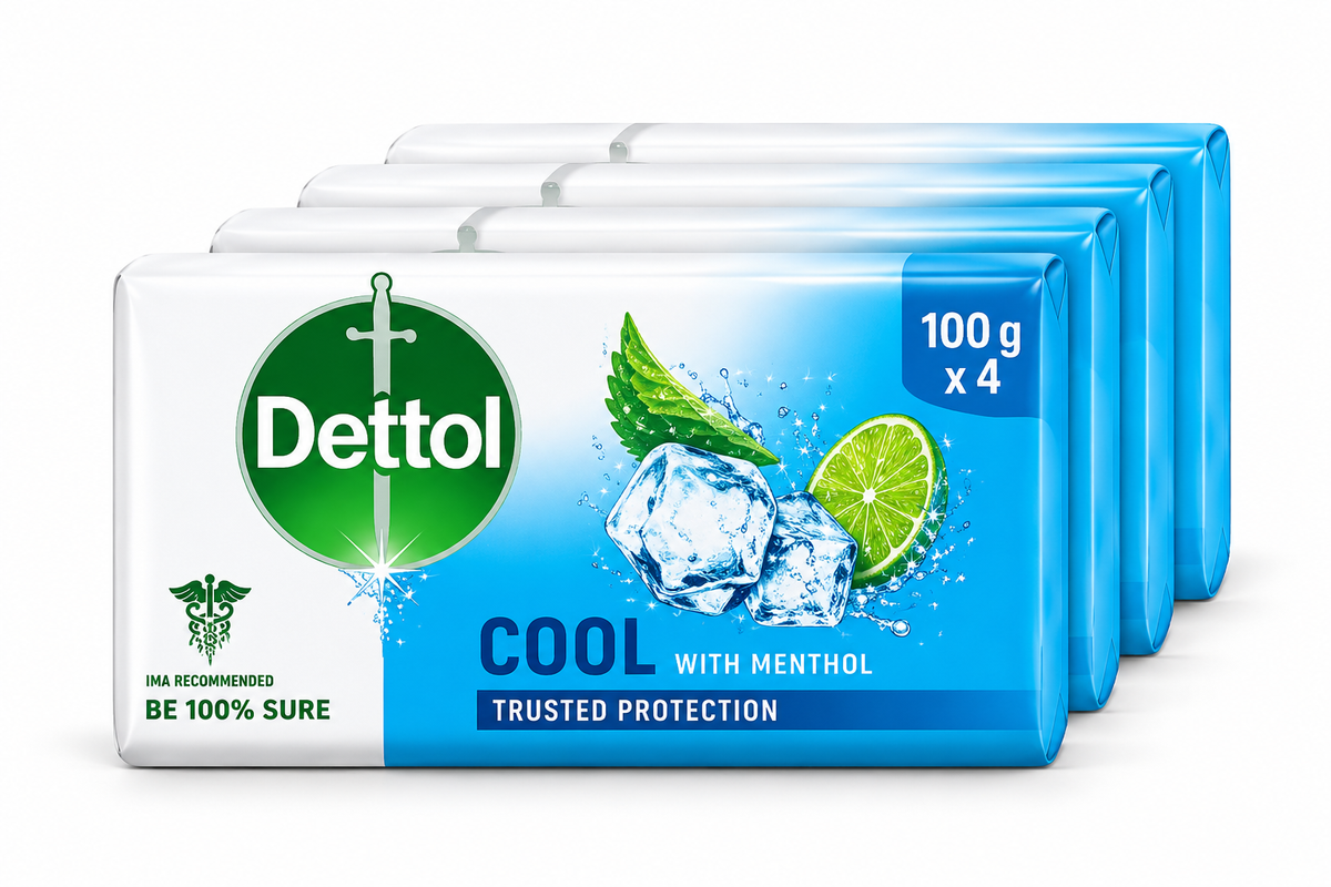 Dettol Cool Menthol Soap multipack containing four 100g bars in blue and white packaging with the Dettol logo, ice cubes, mint leaves and lime imagery.