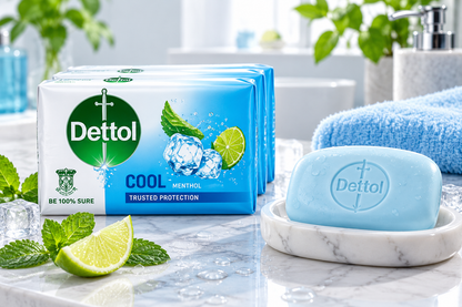 Dettol Cool Menthol Soap four-pack displayed beside a pale blue soap bar on a marble dish with mint leaves, lime, ice cubes and a blue towel.
