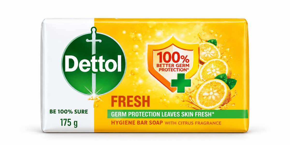 Dettol Fresh Hygiene Bar Soap 175g in yellow and white packaging with green Dettol logo, citrus fragrance imagery, and germ protection branding.