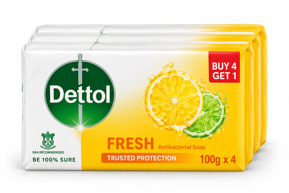 Dettol Fresh Bar Soap multipack containing four 100g soap bars, with white and yellow-orange packaging, the green Dettol logo, fresh lemon and lime illustrations, and bold Fresh branding against a clean white background.