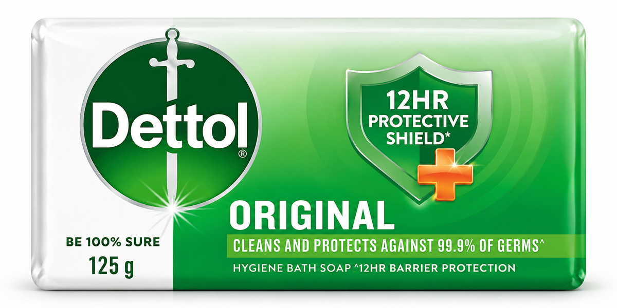 Dettol Original Soap 175g featuring a rectangular green and white wrapper, the iconic Dettol logo with sword emblem, a green protective shield badge with an orange cross, bold Original branding, and product hygiene information. Displayed against a clean white background, showcasing Dettol original bathing soap for everyday cleansing and personal hygiene.