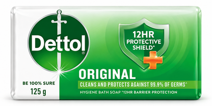 Dettol Original Soap 175g featuring a rectangular green and white wrapper, the iconic Dettol logo with sword emblem, a green protective shield badge with an orange cross, bold Original branding, and product hygiene information. Displayed against a clean white background, showcasing Dettol original bathing soap for everyday cleansing and personal hygiene.