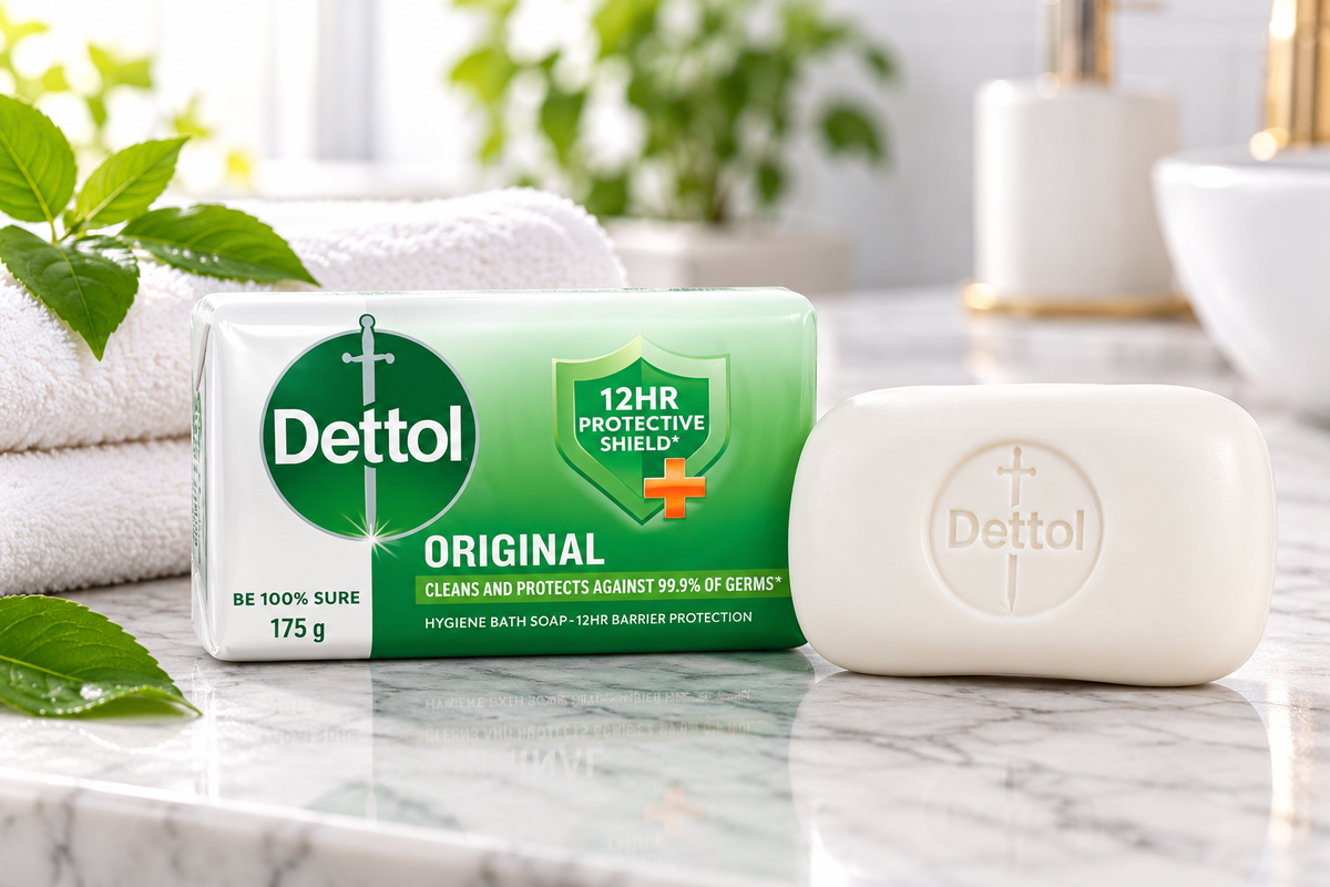 Dettol Original Soap 175g green and white package displayed beside a white soap bar embossed with the Dettol logo on a marble bathroom countertop, accompanied by soft white towels, fresh green leaves, and a bathroom dispenser. The bright, clean setting highlights the antibacterial bathing soap as part of a refreshing daily personal care and hygiene routine.