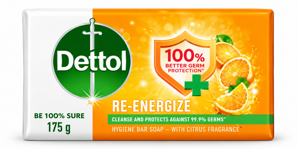 Dettol Re-Energize Soap 175g in orange and white packaging with the green Dettol logo and citrus fruit design on a clean white background.