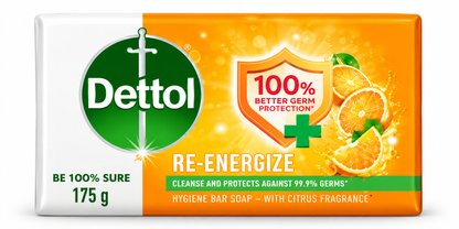 Dettol Re-Energize Soap 175g in orange and white packaging with the green Dettol logo and citrus fruit design on a clean white background.