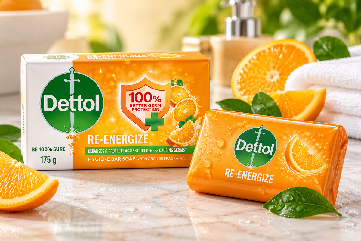 Dettol Re-Energize Soap 175g orange wrapper displayed beside fresh orange slices and green leaves on a bathroom surface with a white towel.