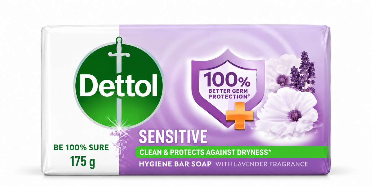 Dettol Sensitive Soap 175g bar in white and lavender packaging featuring the green Dettol logo, purple germ protection shield, white flowers, and green text strip.
