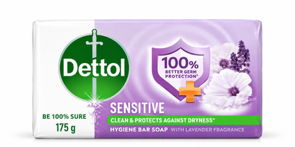 Dettol Sensitive Soap 175g bar in white and lavender packaging featuring the green Dettol logo, purple germ protection shield, white flowers, and green text strip.