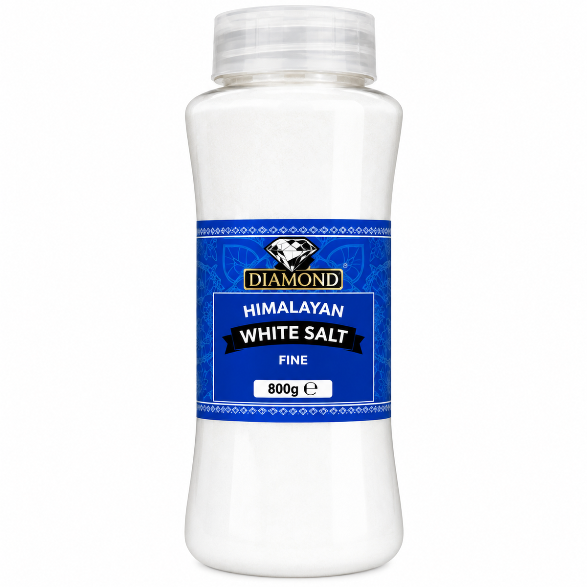 Diamond Himalayan White Salt Fine 800g in a white plastic container with a clear screw cap and a royal blue label featuring the Diamond brand logo, Himalayan White Salt product name, and fine salt description. A neatly presented pack of fine white salt for everyday cooking, seasoning, and food preparation.