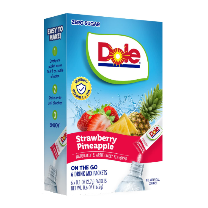 Dole Singles To Go Strawberry Pineapple drink mix, single-serve 16.2 g packet, tropical fruit flavor.