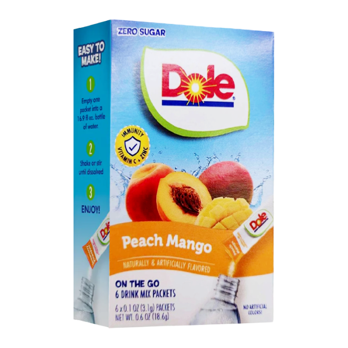 Dole Singles To Go Peach Mango drink mix, single-serve 18.6 g packet, tropical fruit flavor.