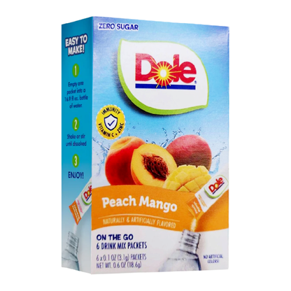Dole Singles To Go Peach Mango drink mix, single-serve 18.6 g packet, tropical fruit flavor.