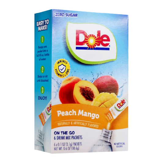 Dole Singles To Go Peach Mango drink mix, single-serve 18.6 g packet, tropical fruit flavor.