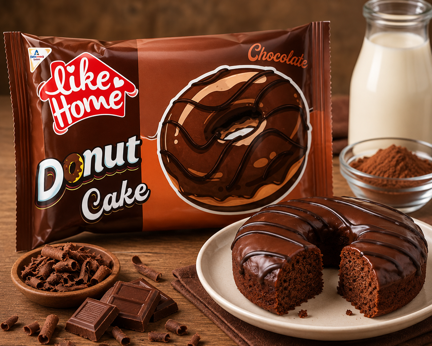 A package of Like Home Chocolate Donut Cake stands on a wooden table beside a plated chocolate donut cake, with bowls of chocolate pieces and a glass of milk in the background.