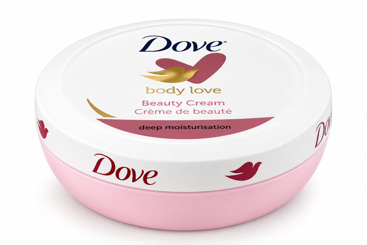 Dove Body Love Beauty Cream 75ml in a round pastel pink jar with a glossy white lid, Dove logo, gold and burgundy bird emblem, and Beauty Cream label, photographed against a clean white background.